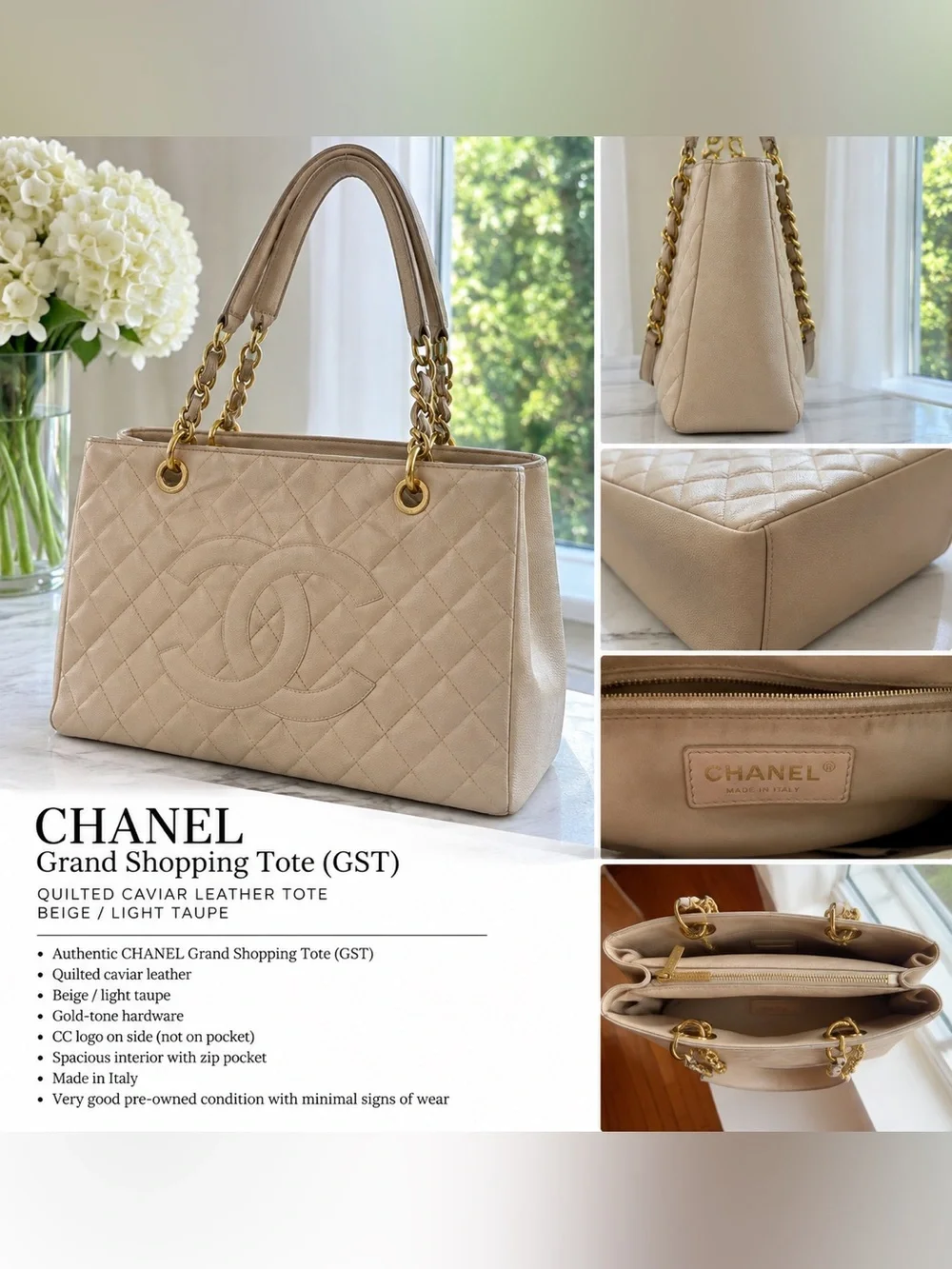 CHANEL Quilted Caviar Leather Shopping Tote in Light Taupe with Gold Hardware